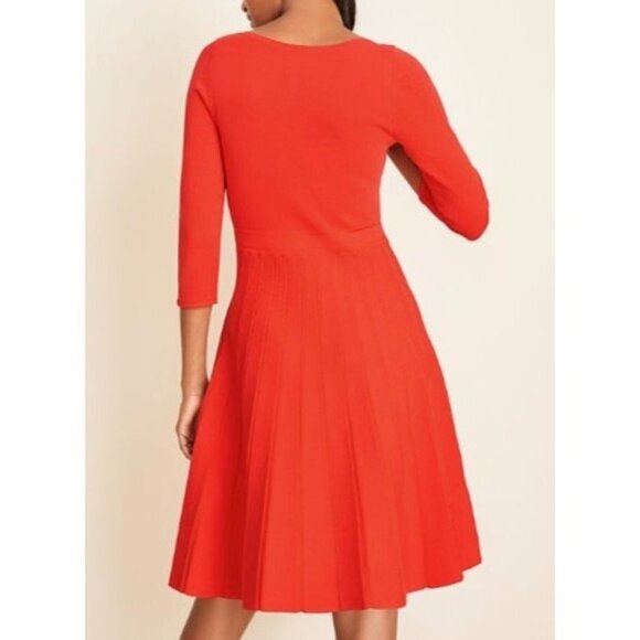 Ann Taylor Red Pleated Skirt A-Line Dress 3/4 Sleeves in Red Size XL - Picture 2 of 11